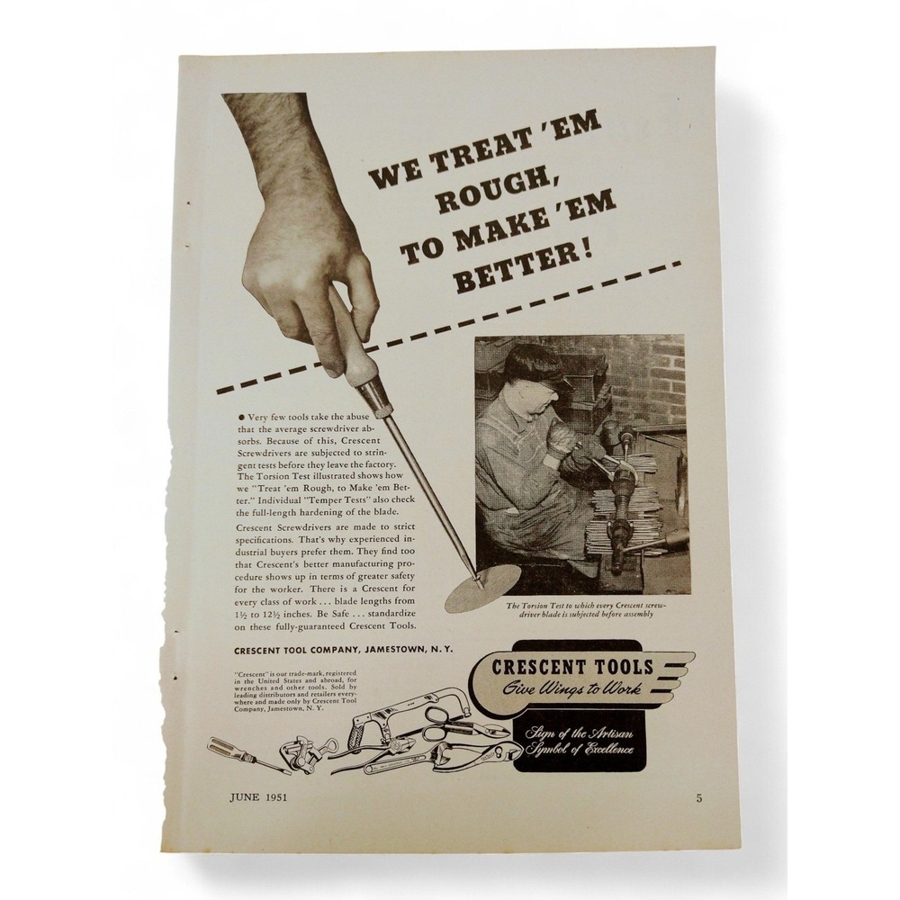 1951 Crescent Tools Print‎ Ad Screwdriver Testing Jamestown NY MCM Ephemera